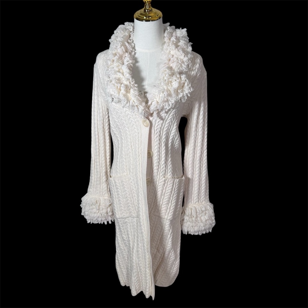 Vintage Nine West Cream Cable Knit Long Crochet Cardigan with Fringe Trim
